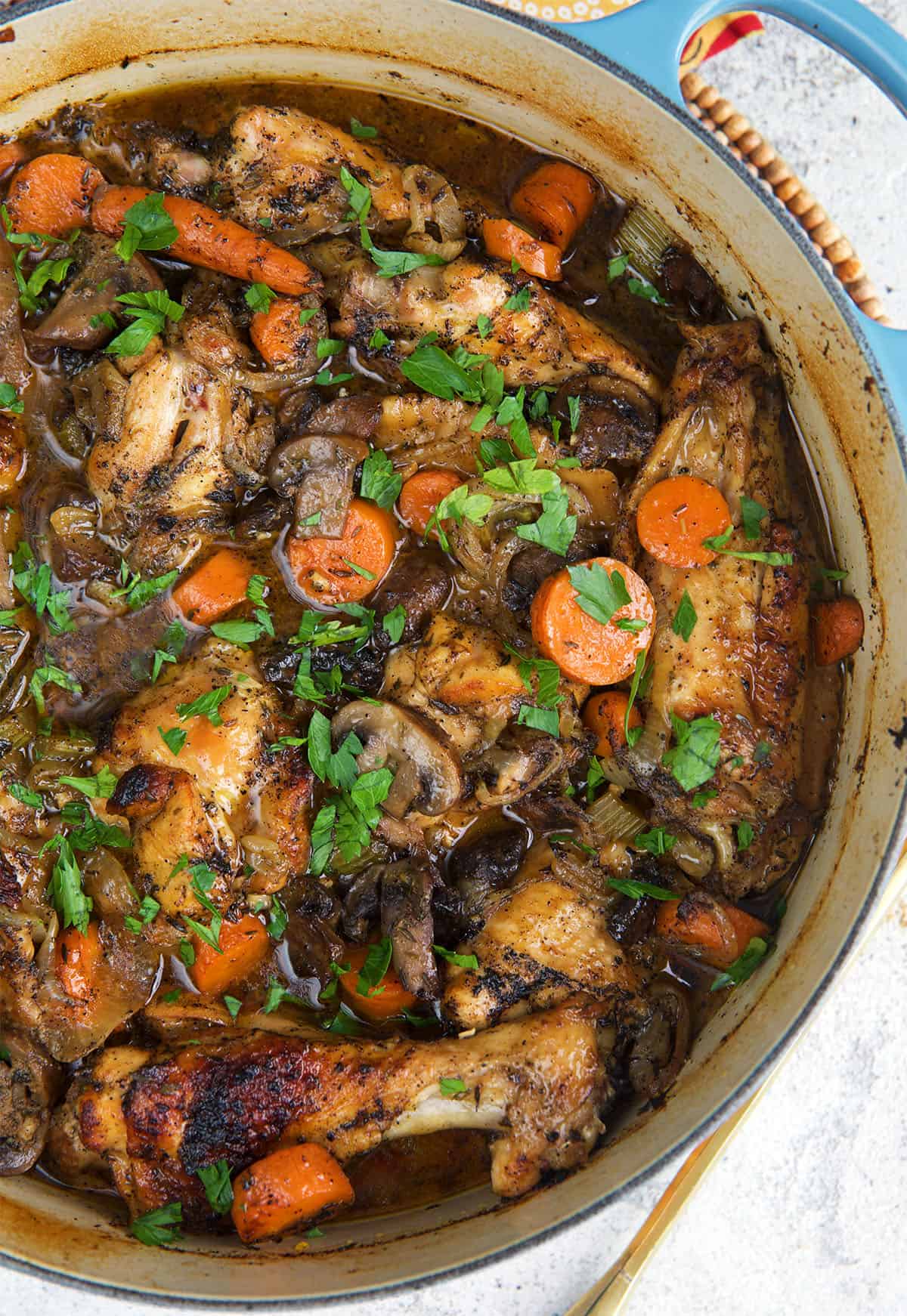 Southern Smothered Turkey Wings in a blue and white dutch oven