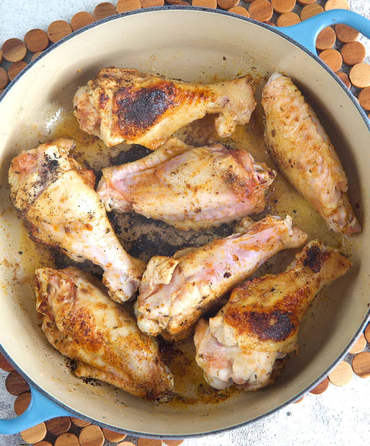 Turkey wings browned in a dutch oven