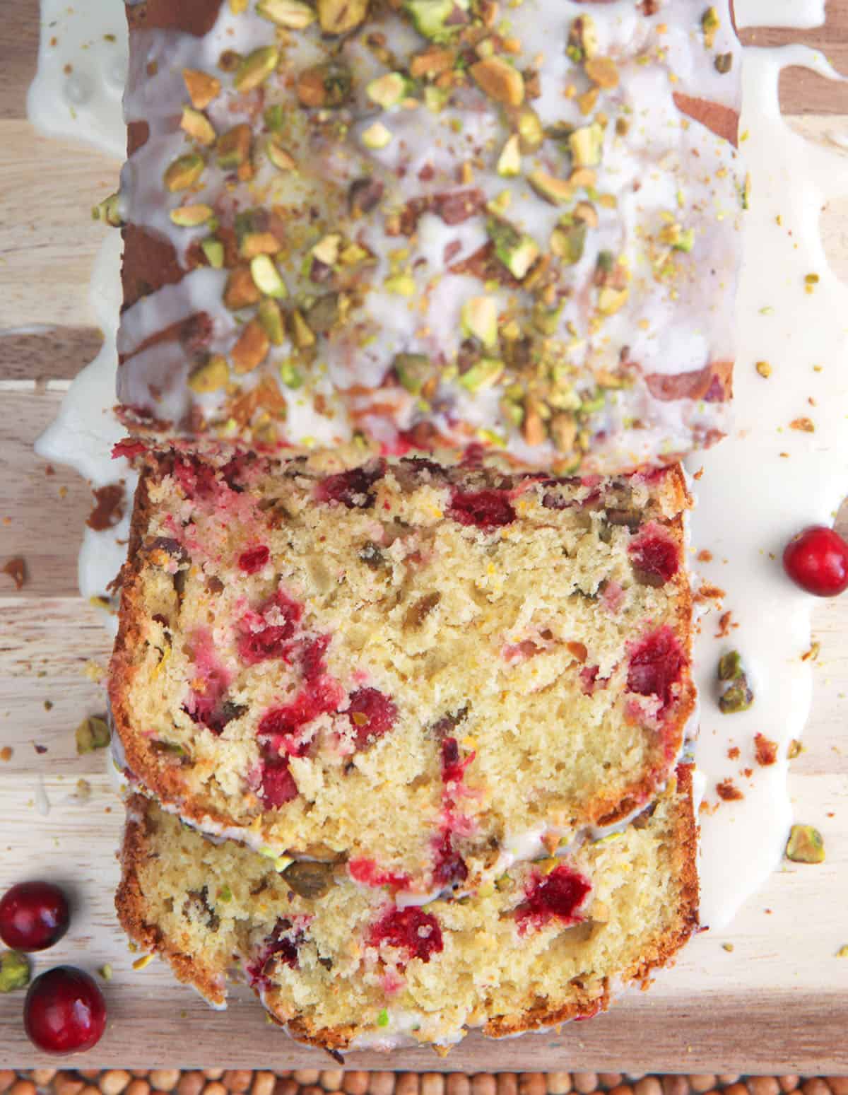 Pistachio Cranberry Bread sliced for serving.