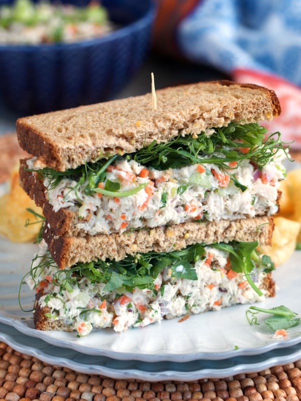 The best tuna salad sandwich with easy tuna salad recipe on a white plate
