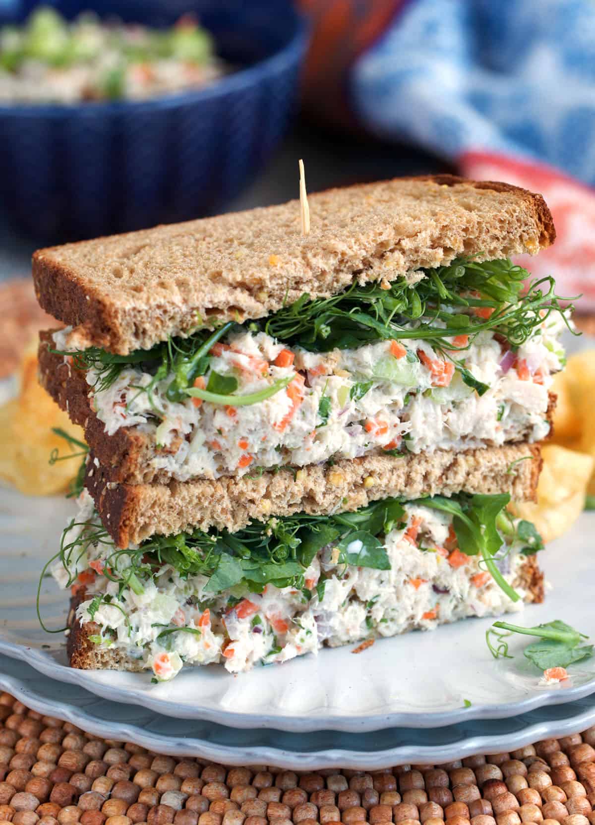 The best tuna salad sandwich with easy tuna salad recipe on a white plate
