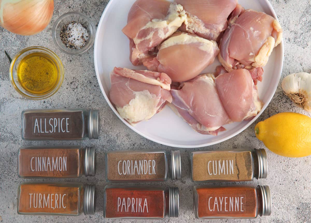 Ingredients for Shawarma Chicken with boneless chicken thighs.