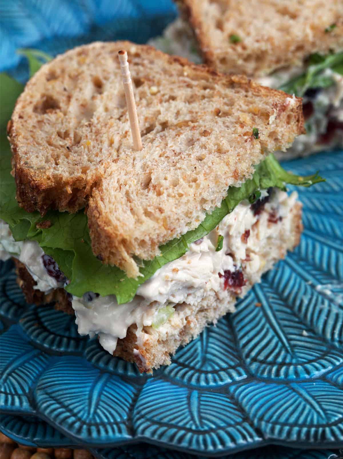 Half a cranberry chicken salad sandwich on wheat bread