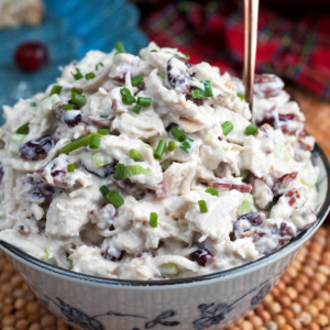 Cranberry Chicken Salad in a blue and white serving bowl with a copper spoon