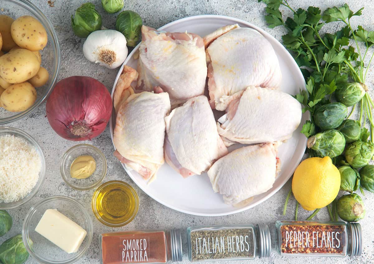 Ingredients for sheet pan chicken thighs with veggies