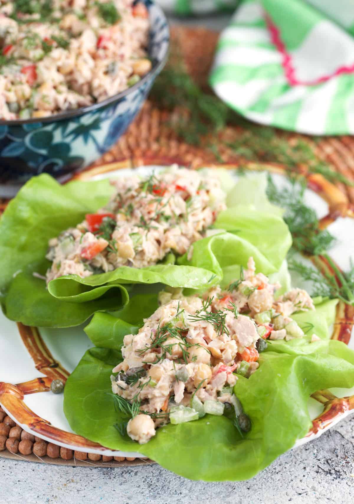 chickpea tuna salad lettuce wraps on a plate