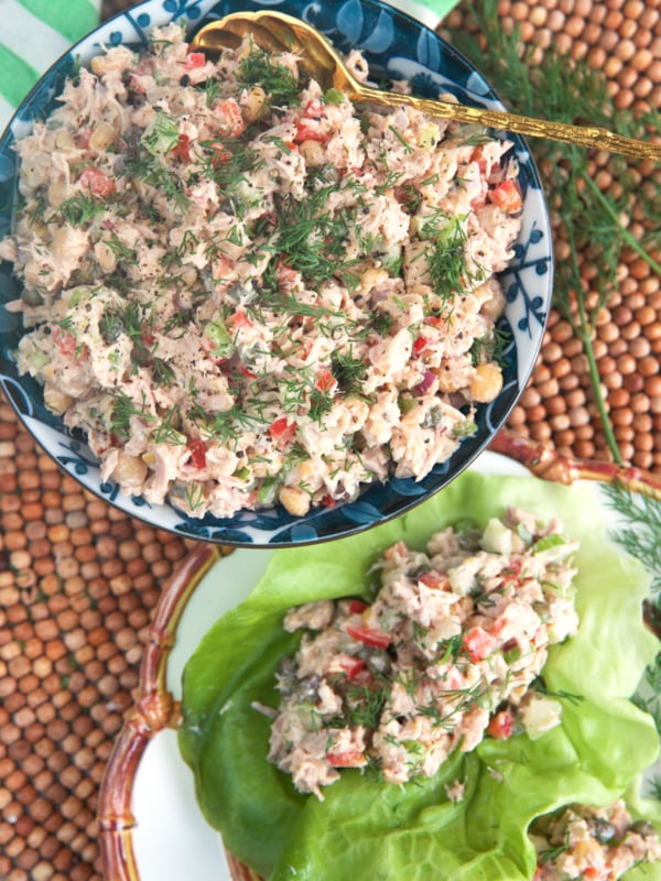 Chickpea Tuna Salad in a blue and white serving bowl