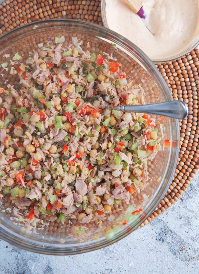ingredients for chickpea tuna salad in a mixing bowl
