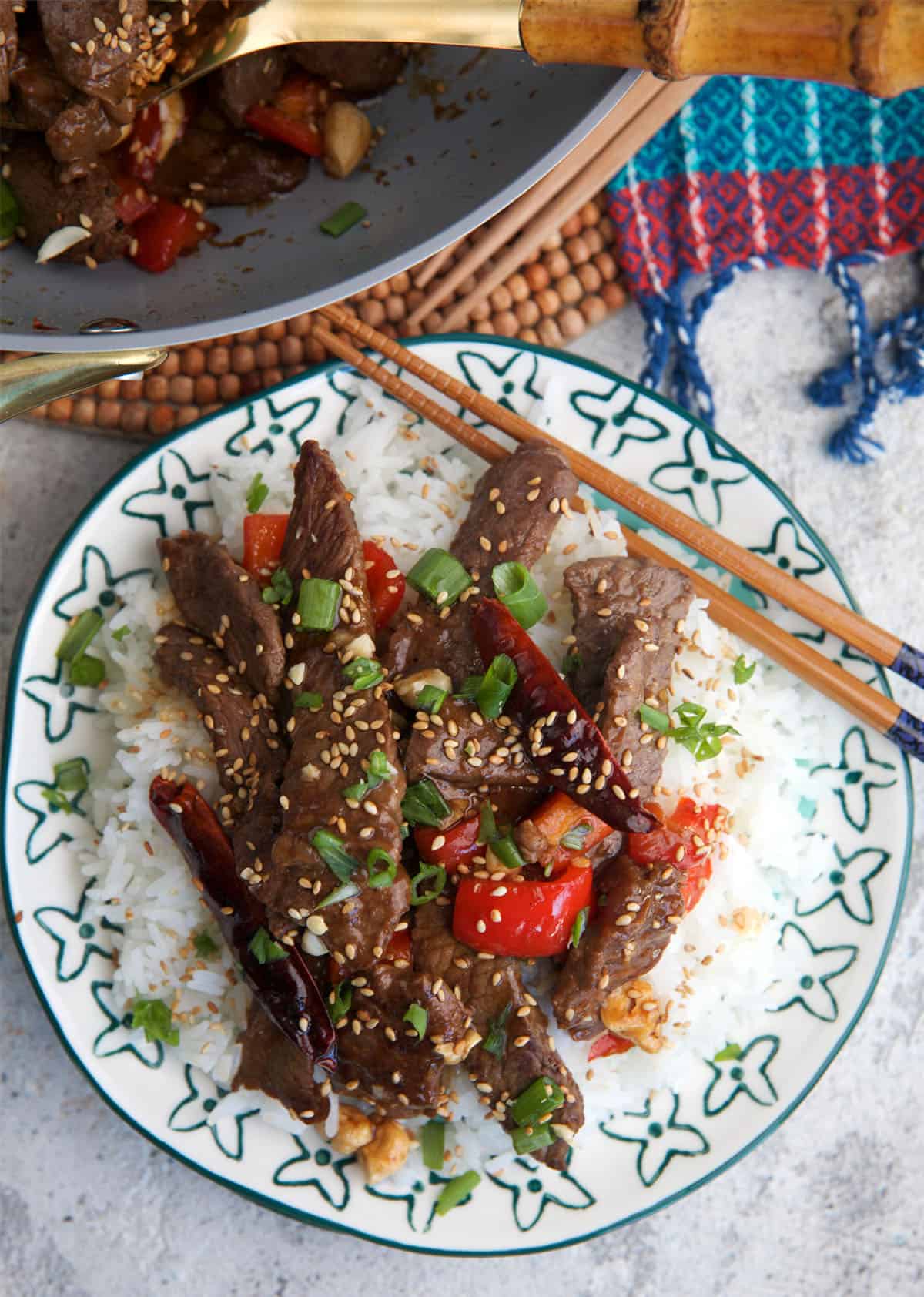 Kung Pao Beef with chopsticks ready to eat.