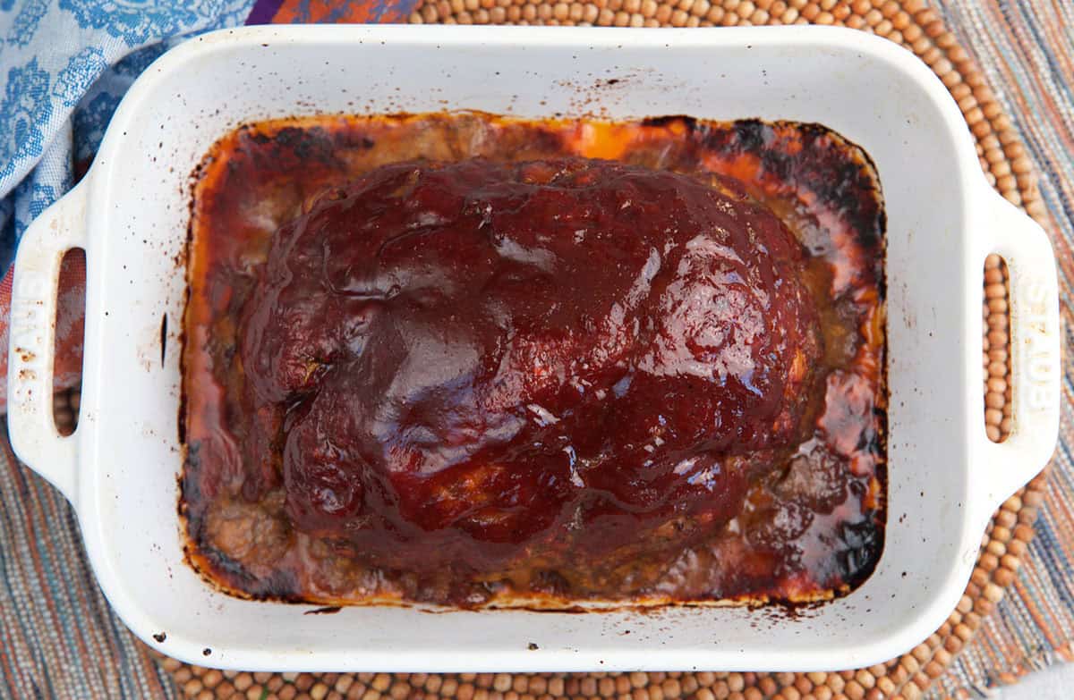 Marry Me Meatloaf in a baking dish after baked.