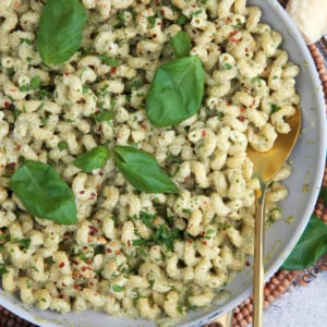 Pesto Cream Sauce tossed with pasta in a skillet and topped with fresh basil leaves for garnish.