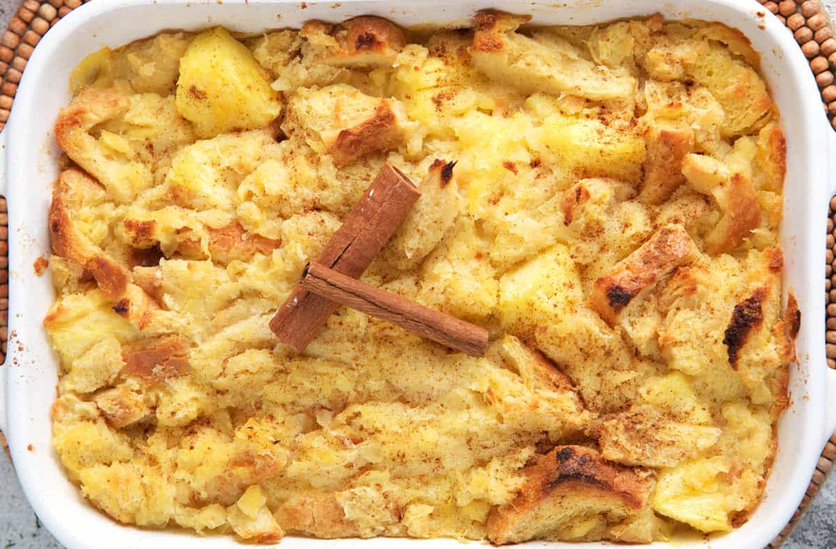 Baked Pineapple stuffing in a white casserole dish.
