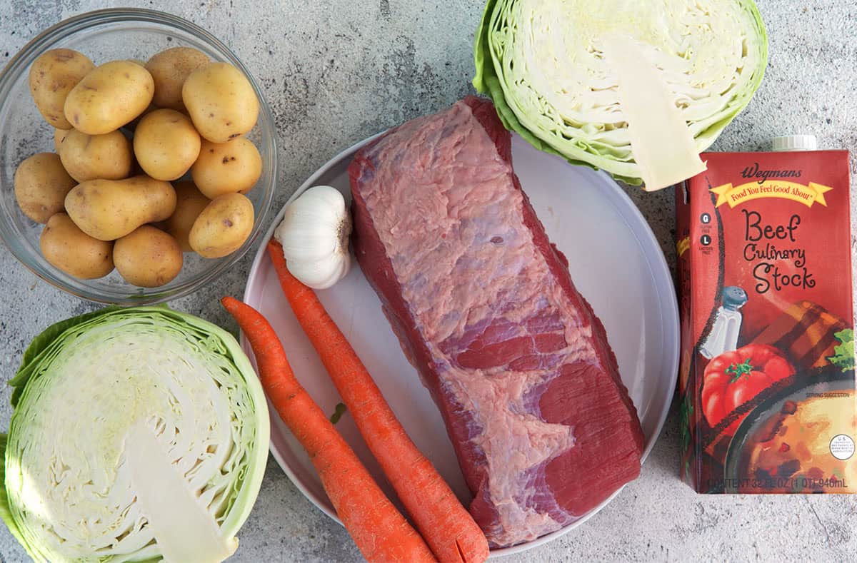 Ingredients for corned beef and cabbage in the instant pot or pressure cooker.