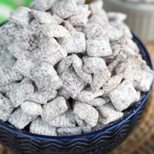 Puppy chow recipe in a blue bowl