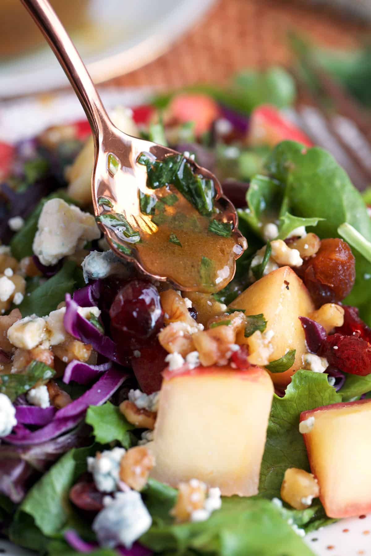 red wine vinegar salad dressing being drizzled over a salad with a spoon