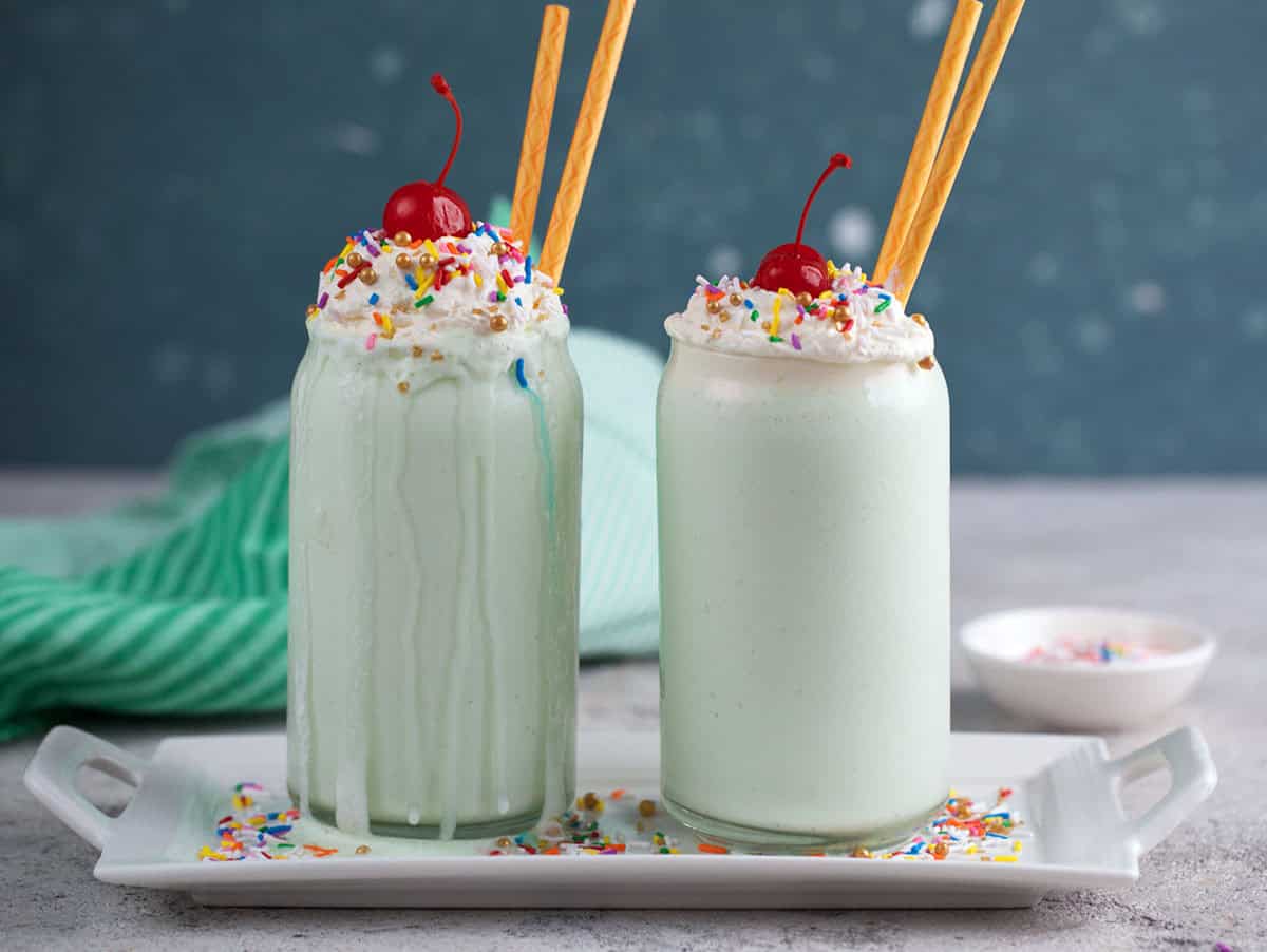 copycat McDonald's shamrock shakes on a white platter.