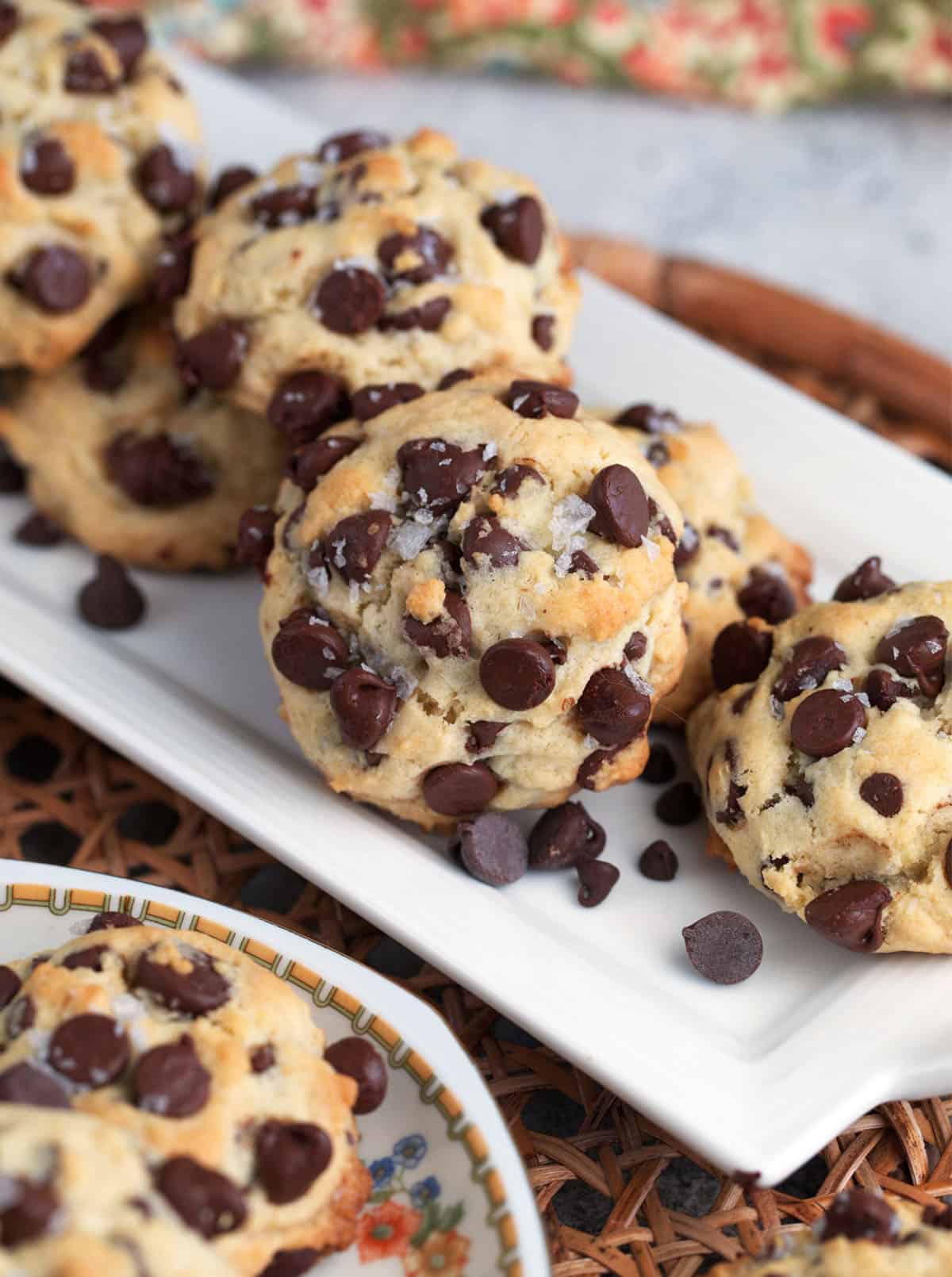 Sourdough Chocolate Chip cookies arranged on a long white platter