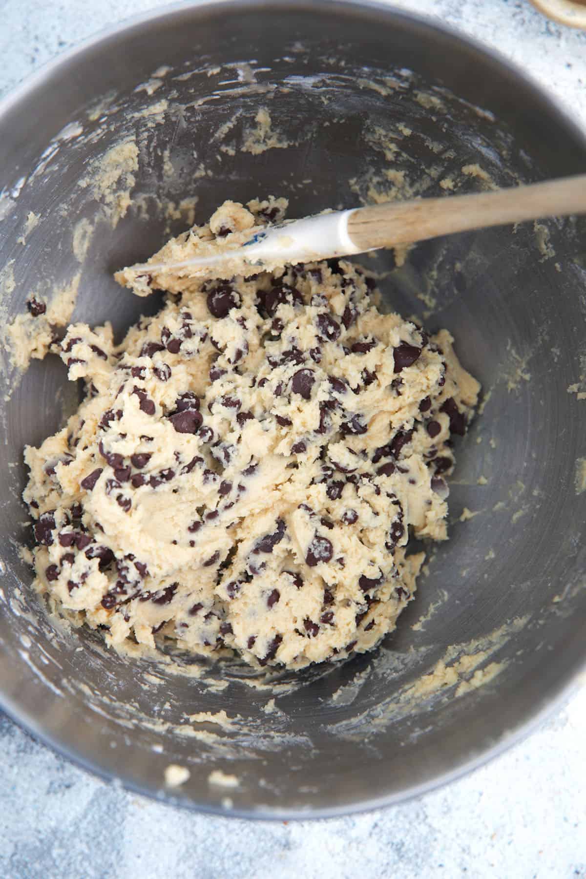Dough for Sourdough Discard Cookies in a steel mixing bowl
