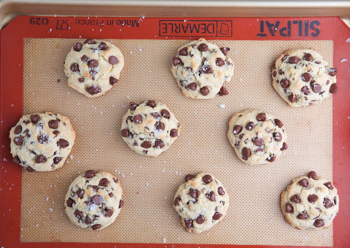 sourdough chocolate chip cookies after baking