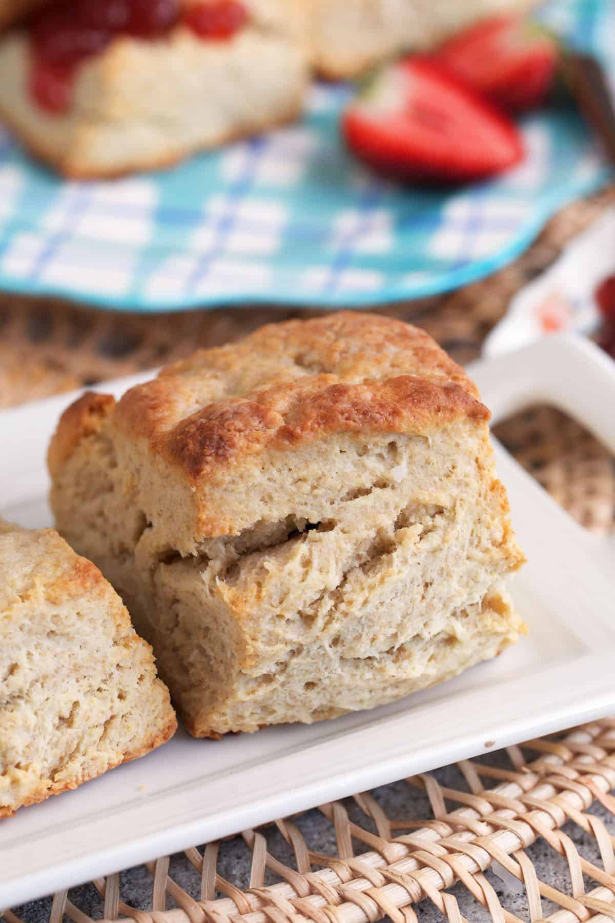 sourdough biscuit on a white platter