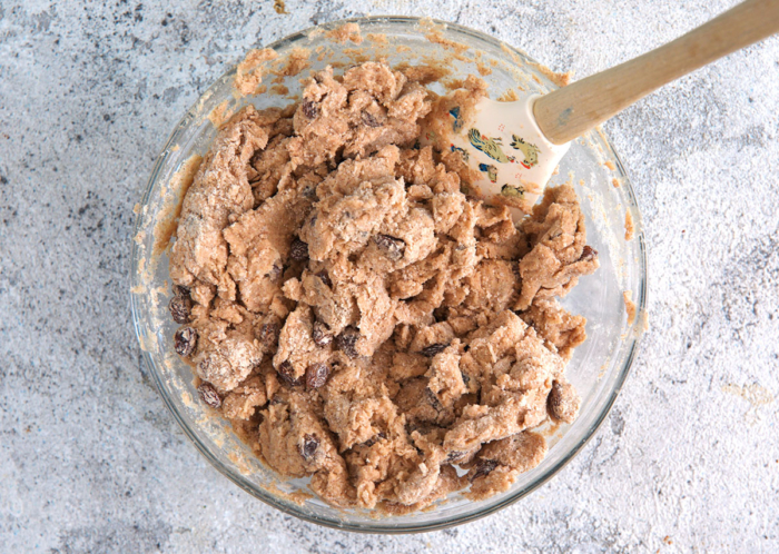 shaggy sourdough scone dough in a mixing bowl