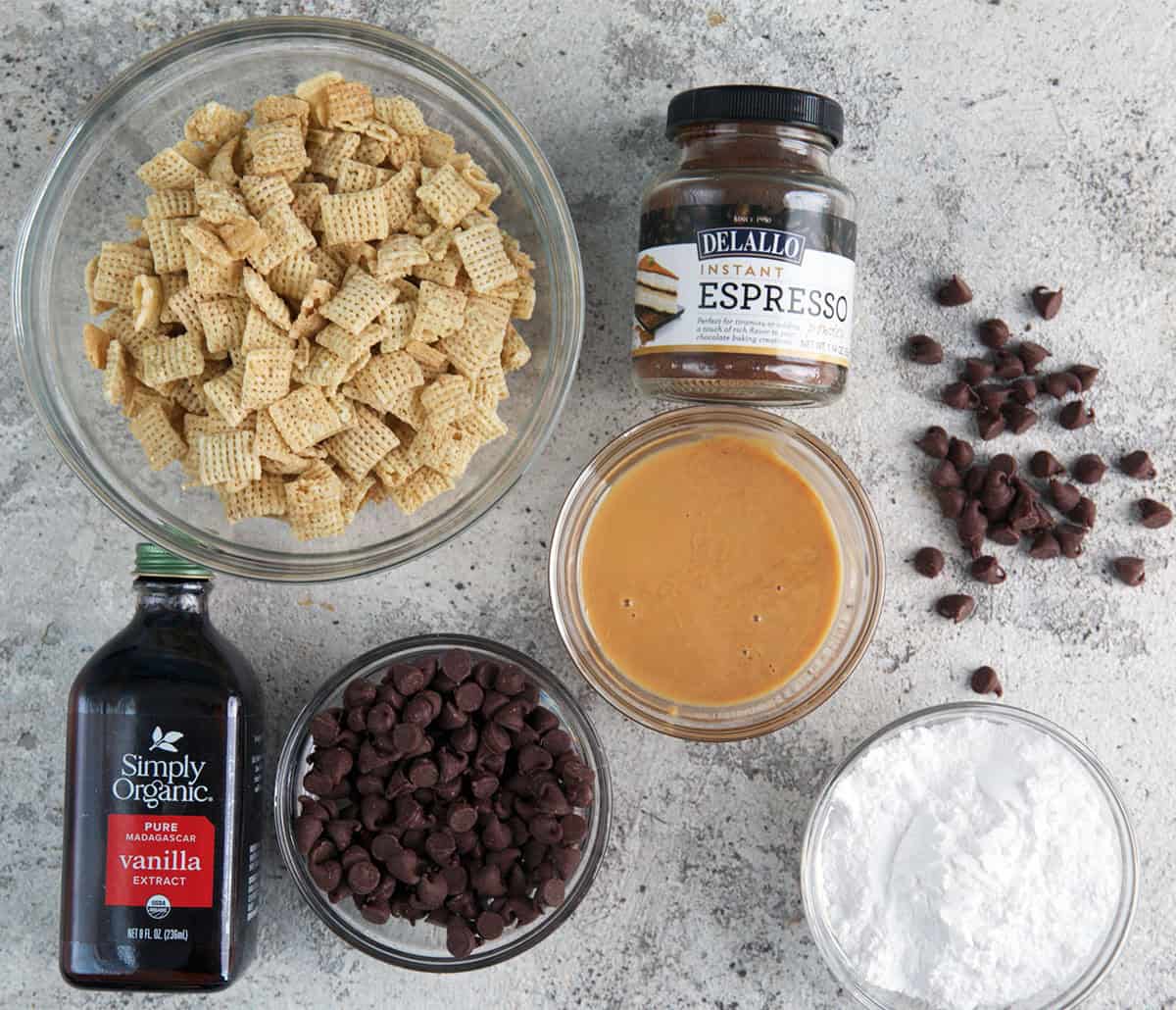 Ingredients for muddy buddies with espresso powder.