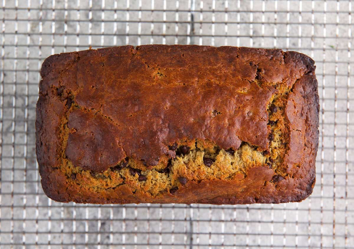Sourdough banana bread on a cooling rack