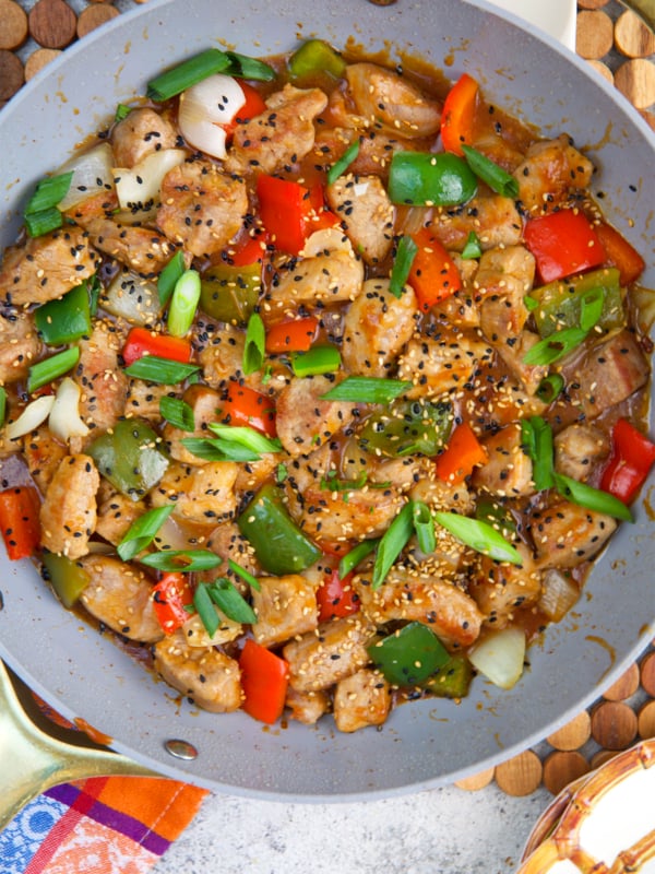 Sweet and sour pork in a wok