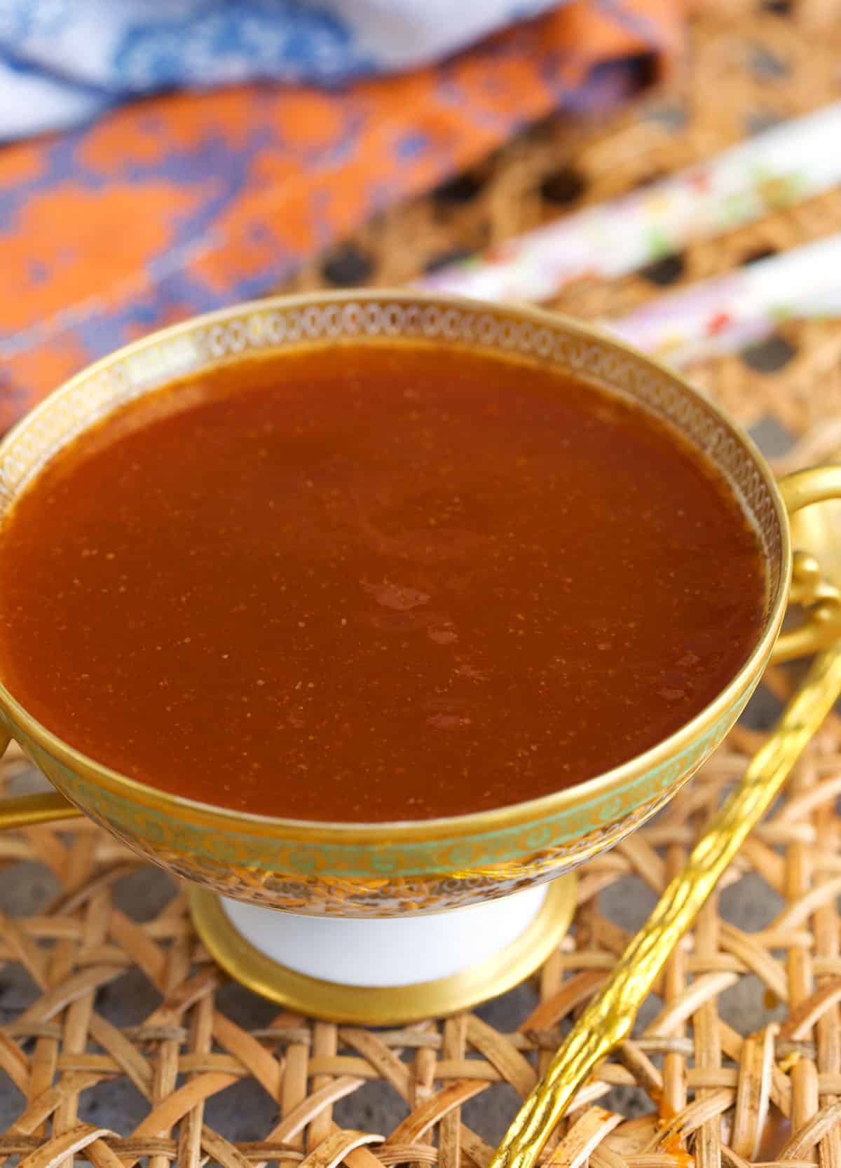 homemade sweet and sour sauce in a compote bowl.