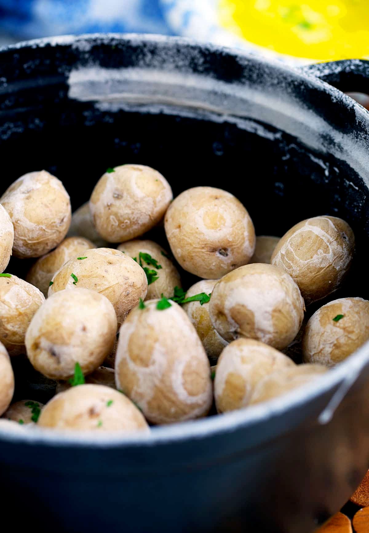 Syracuse salt potatoes in a black staub dutch oven
