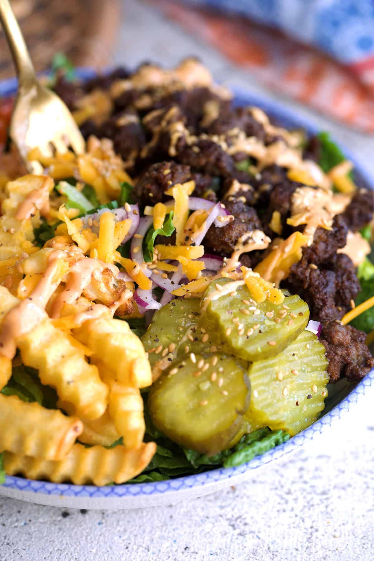 ground beef burger bowls with a fork