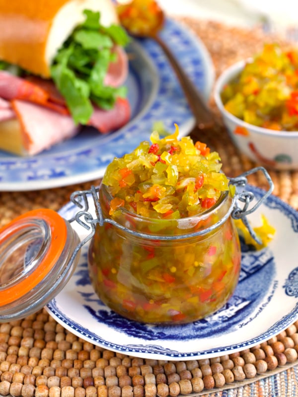 Pepper relish in a glass storage jar.
