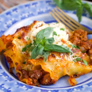 Serving of Sheet Pan Lasagna with ricotta and fresh basil