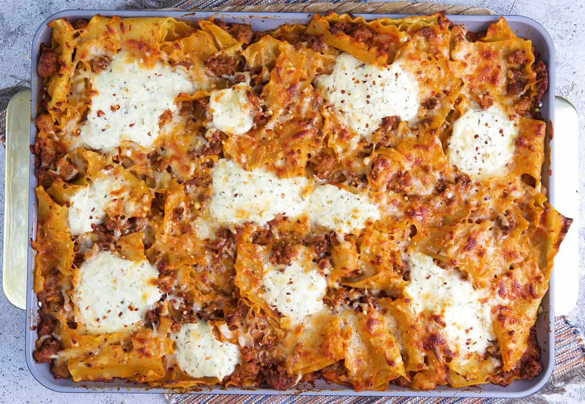 sheet pan lasagna after it's been baked in the oven.