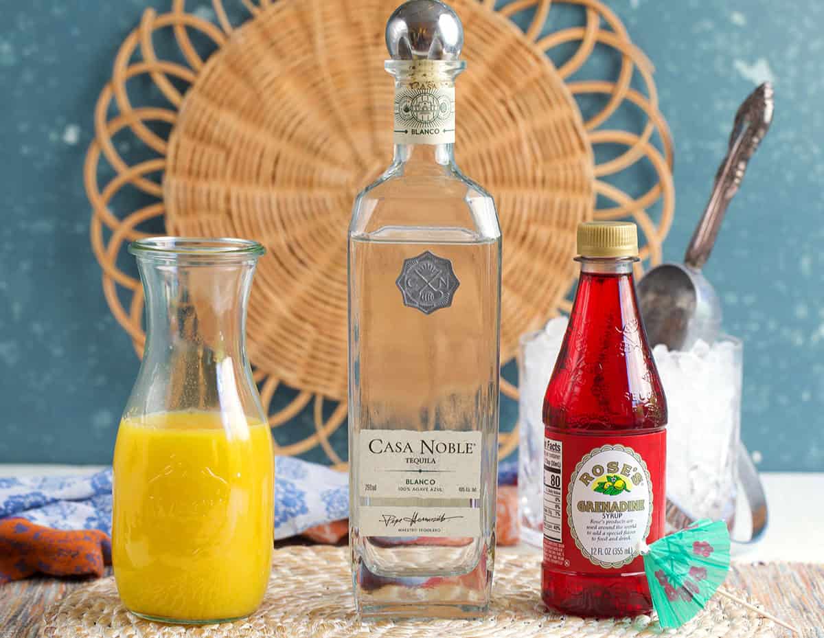 Ingredients for a tequila sunrise cocktail
