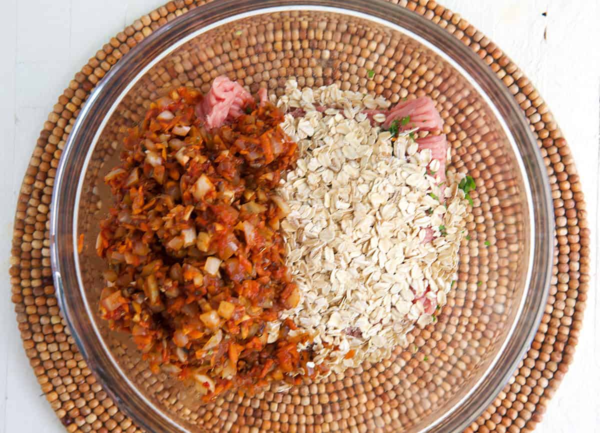 ingredients for turkey meatloaf in a mixing bowl