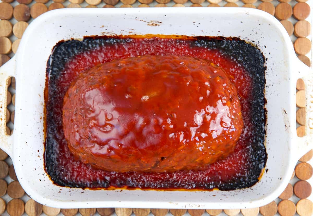 easy turkey meatloaf in a baking dish after cooking in the oven.
