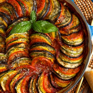 Baked Ratatouille in a le creuset french casserole dish.