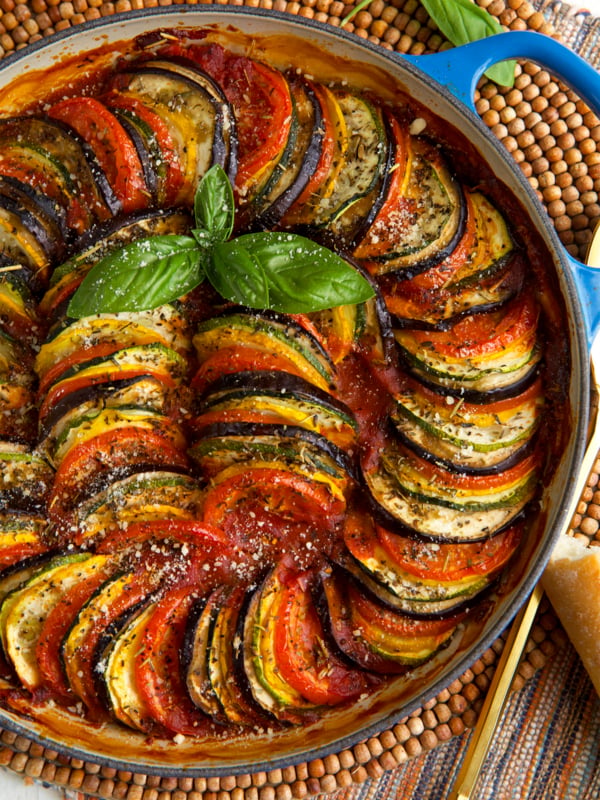 Baked Ratatouille in a le creuset french casserole dish.