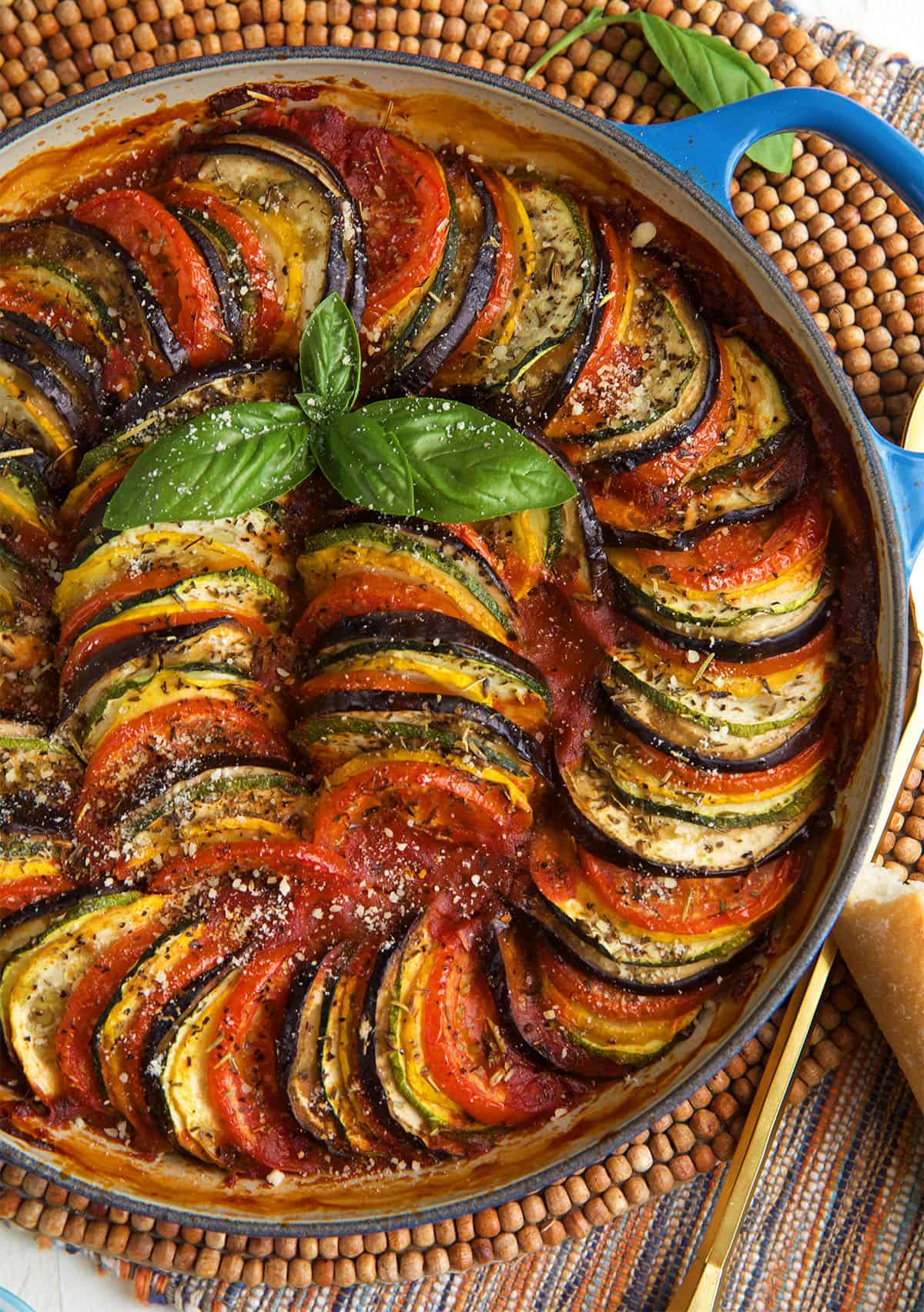 Baked Ratatouille in a le creuset french casserole dish.