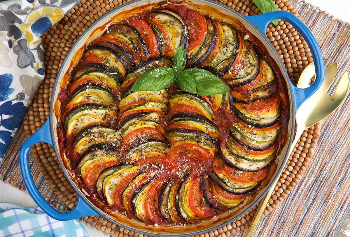 French Ratatouille in a blue baking dish.