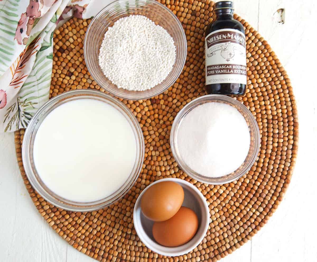Ingredients for tapioca pudding on a beaded placemat