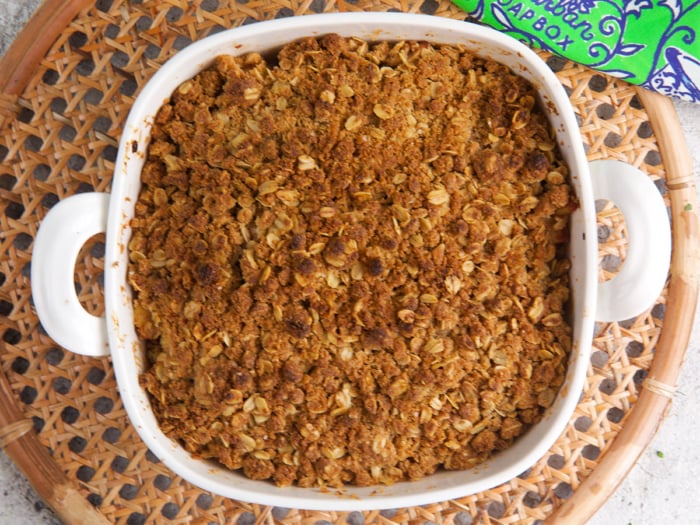 homemade apple crumble in a baking dish