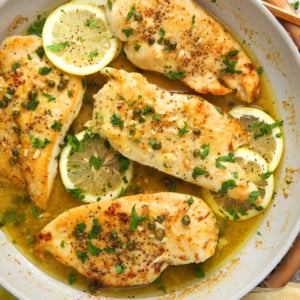 best chicken piccata in a non-stick caraway skillet with lemon slices.