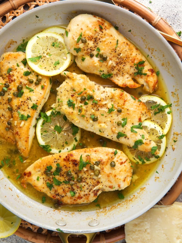 best chicken piccata in a non-stick caraway skillet with lemon slices.
