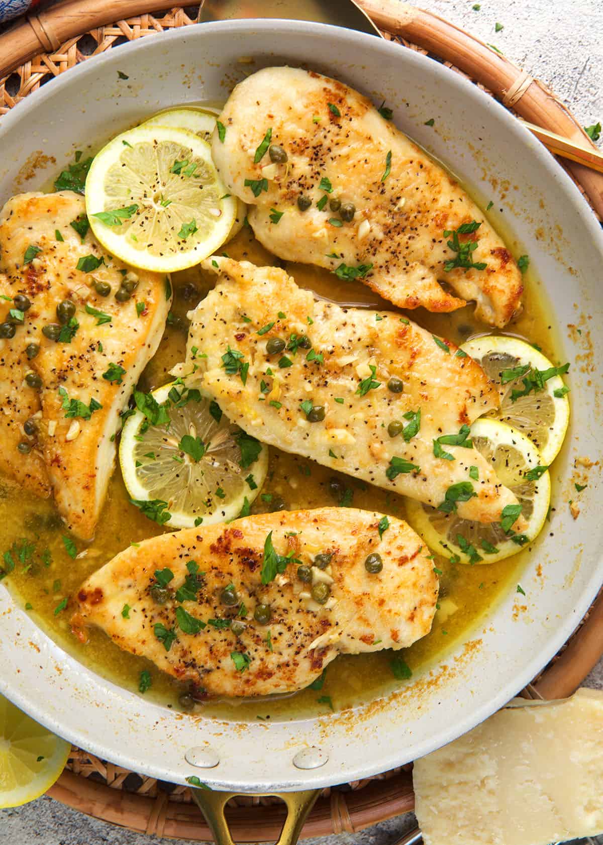 best chicken piccata in a non-stick caraway skillet with lemon slices.