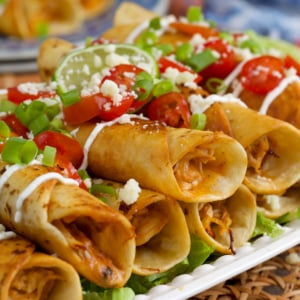 Chicken flautas stacked on a white platter and topped with cheese, tomatoes and cilantro.