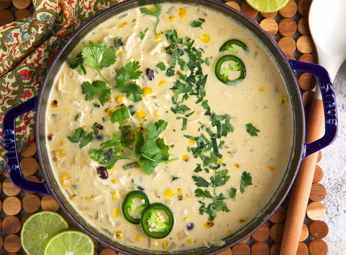 chicken poblano soup in a staub dutch oven