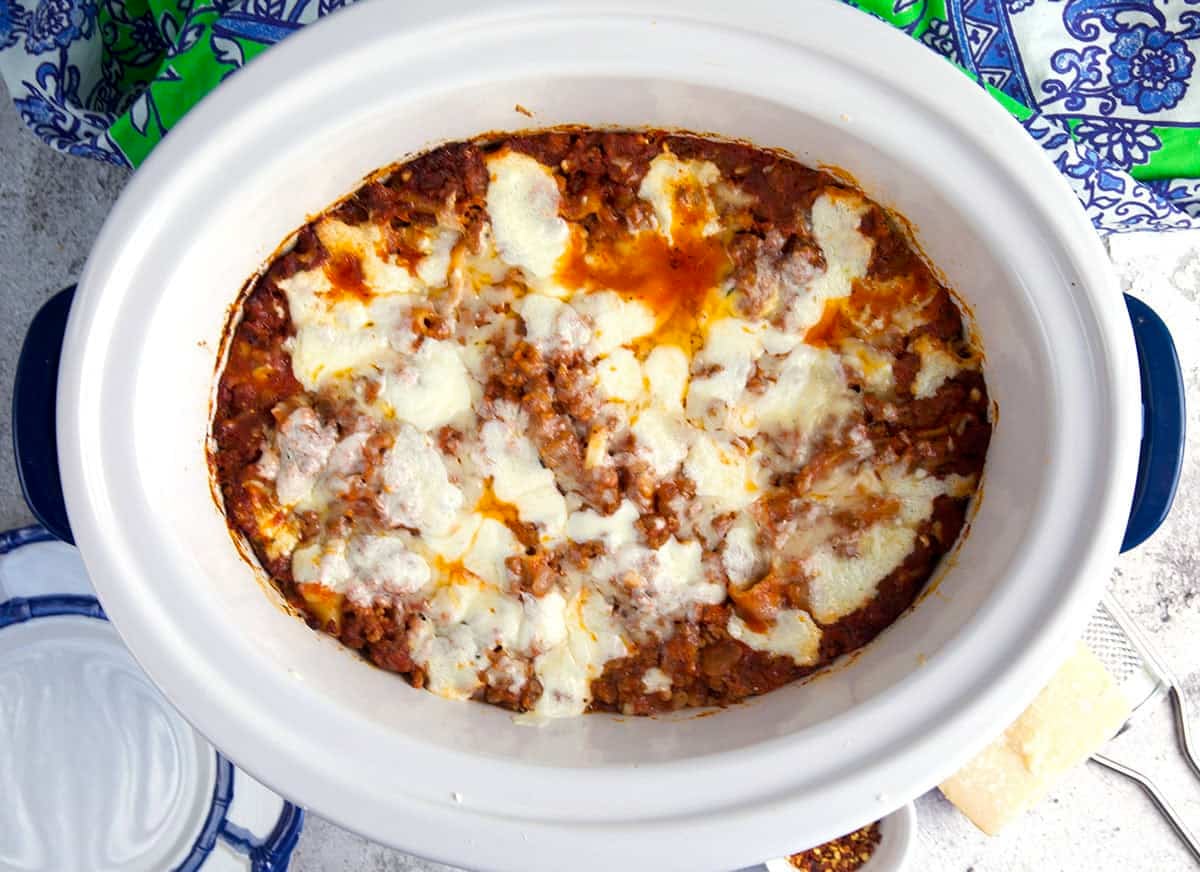 crockpot lasagna after cooking.