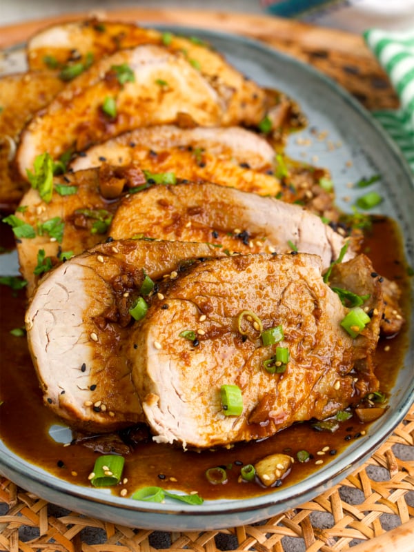 slow cooker pork loin roast with honey garlic sauce.